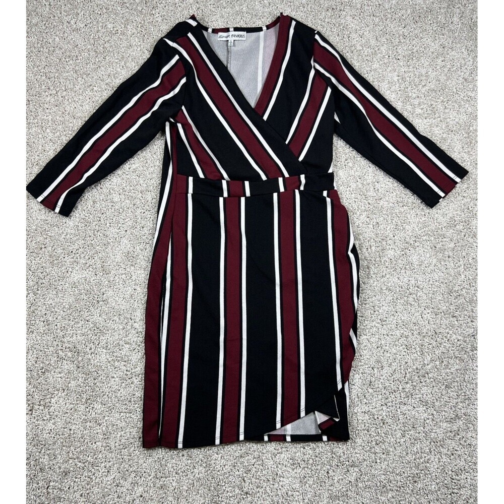 Almost Famous XL Striped Faux Wrap Dress Black Burgundy Long Sleeve Midi